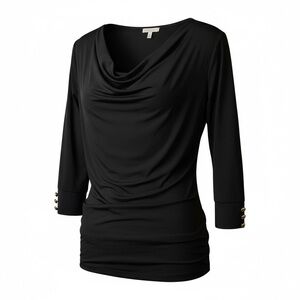 Black cowl neck top with gold buttons
